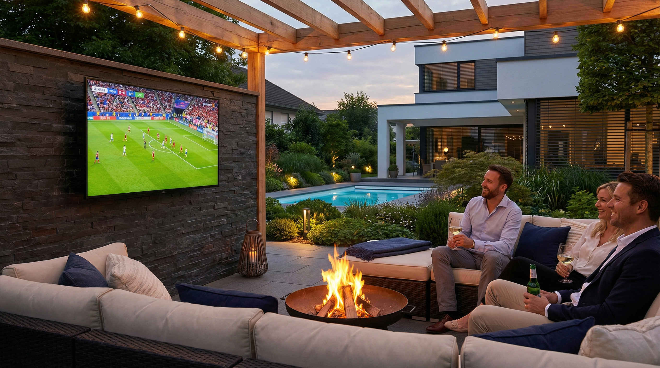 Outdoor-TV auf der Terrasse mit Freunden