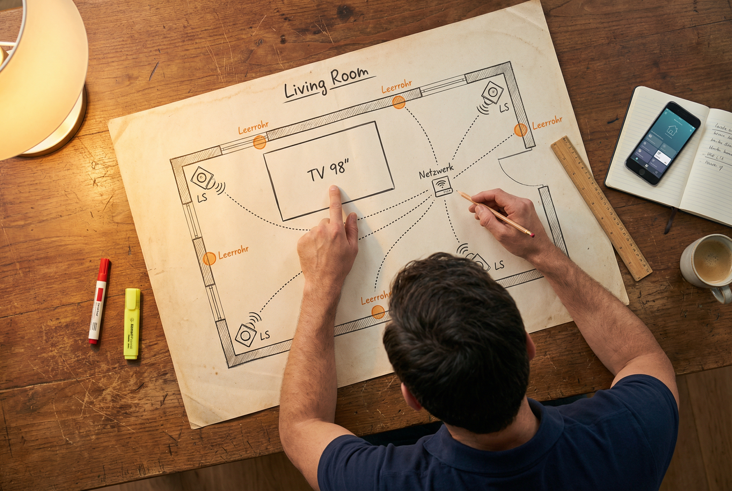 Grundriss-Planung mit TV, Lautsprecher-Positionen und Netzwerk